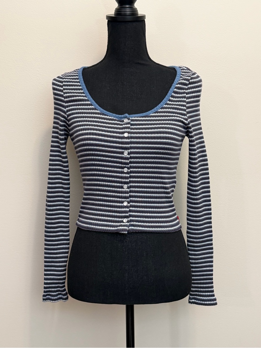 Levi's Striped Pearl Snap Womens XS Y2K Ribbed Long Sleeve 90s Academia Blue Top